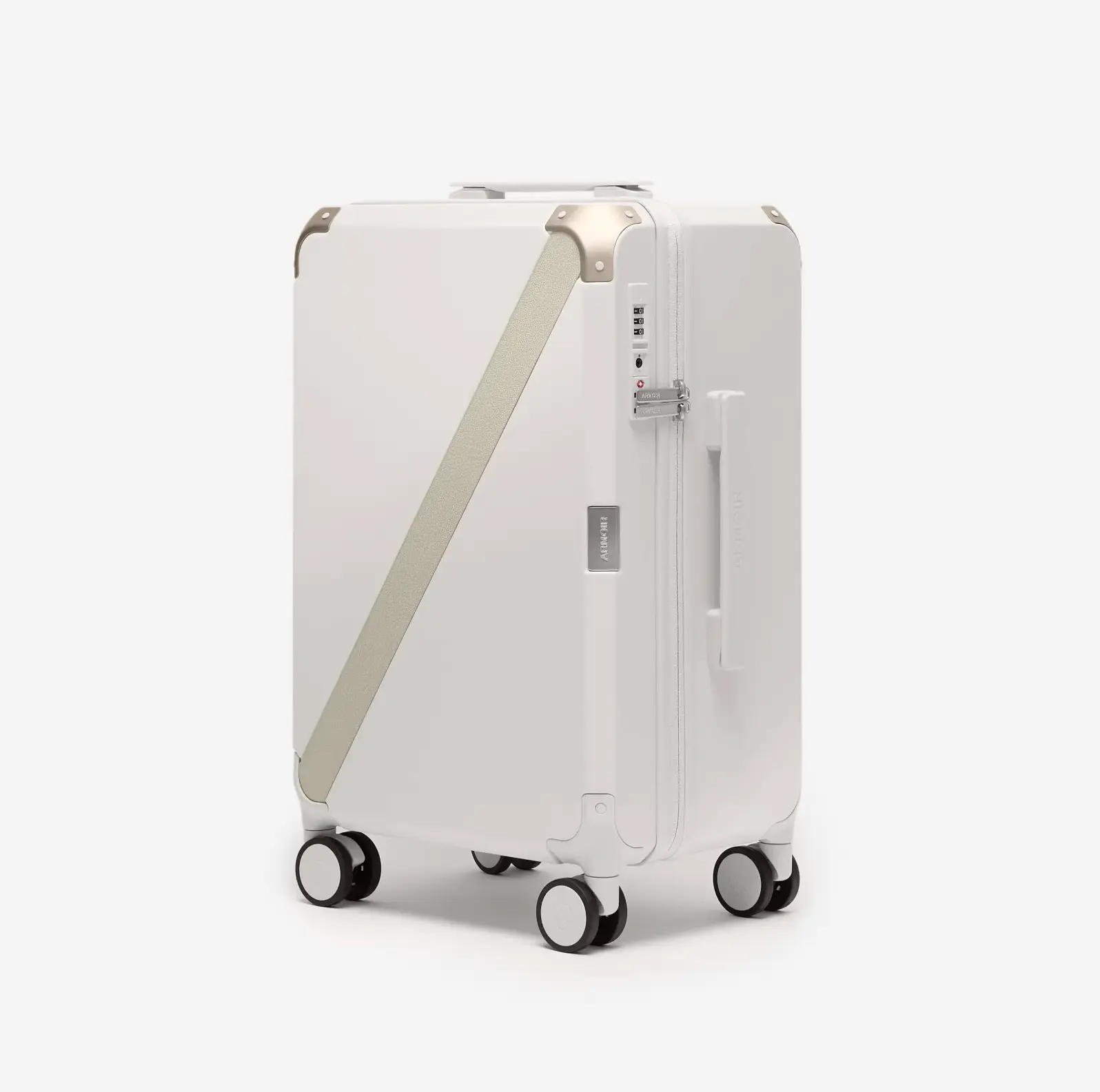 Beige premium carry-on luggage, The Cabin Trunk Essential by Armoir, front angle view