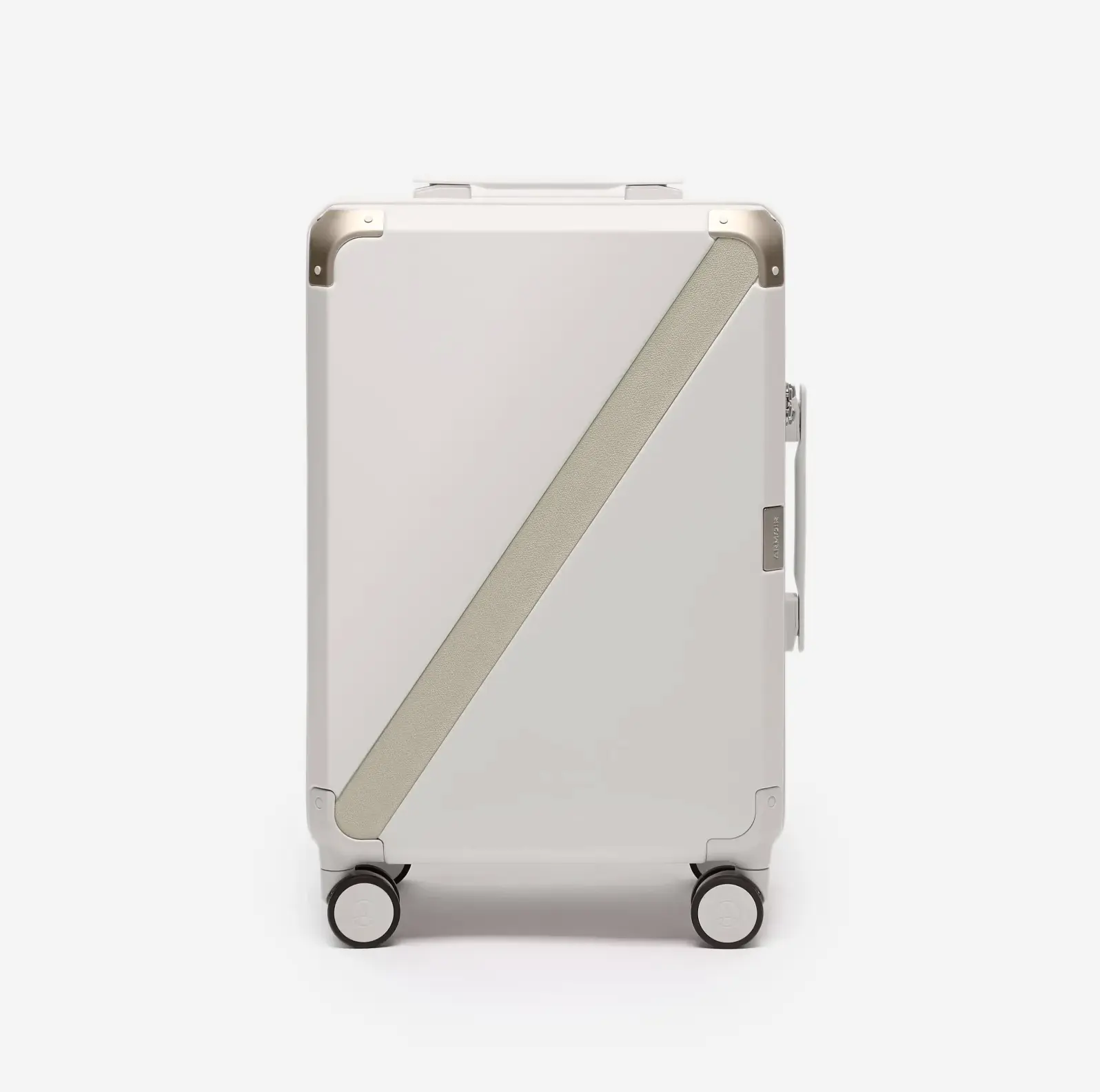 Beige hard shell carry-on suitcase, The Cabin Trunk Essential by Armoir, front view